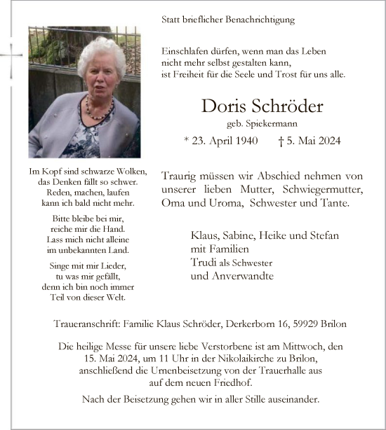 Traueranzeige von Doris Schröder