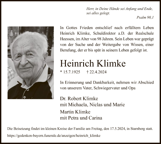 Traueranzeige von Heinrich Klimke