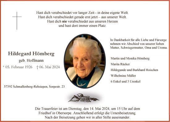 Traueranzeige von Hildegard Hömberg