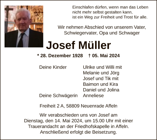 Traueranzeige von Josef Müller