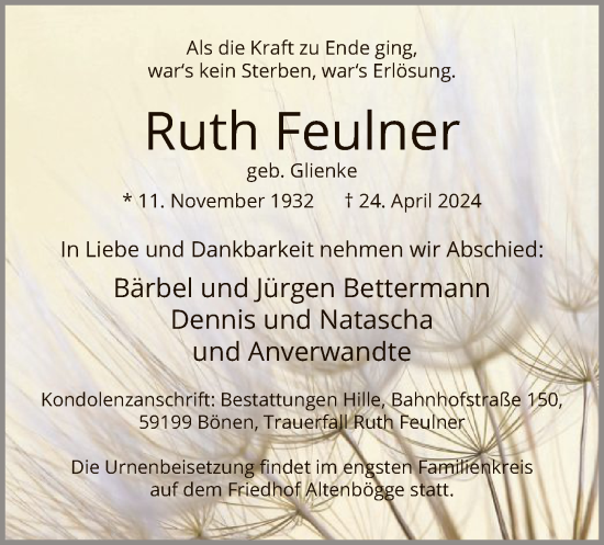 Traueranzeige von Ruth Feulner